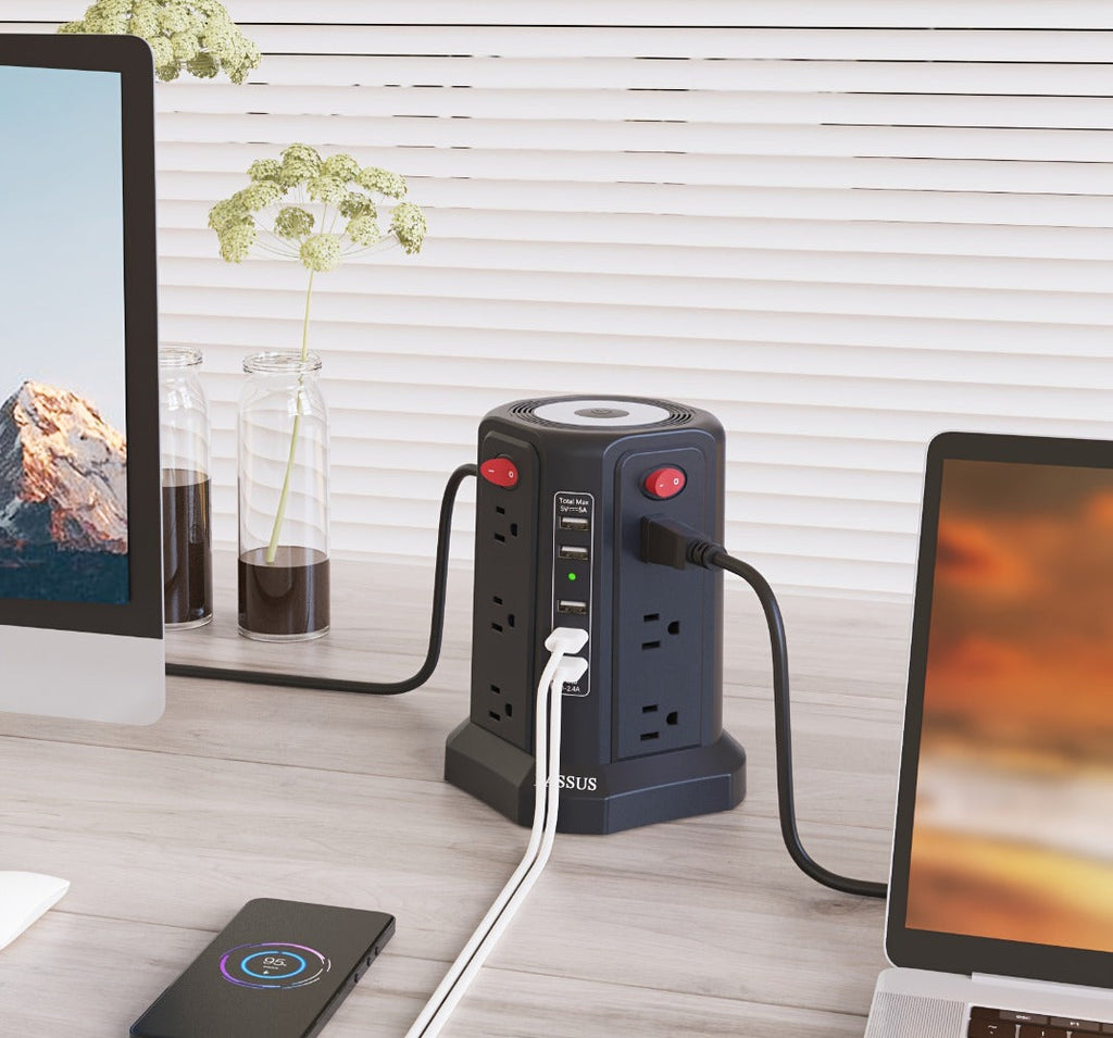 Surge Protector Power Strip Tower with 12 AC Outlets 5 USB Ports 8.8FT Extension Cord Night Light 4 Individual Switches Overload Protection for Home Office Desk Dorm Room