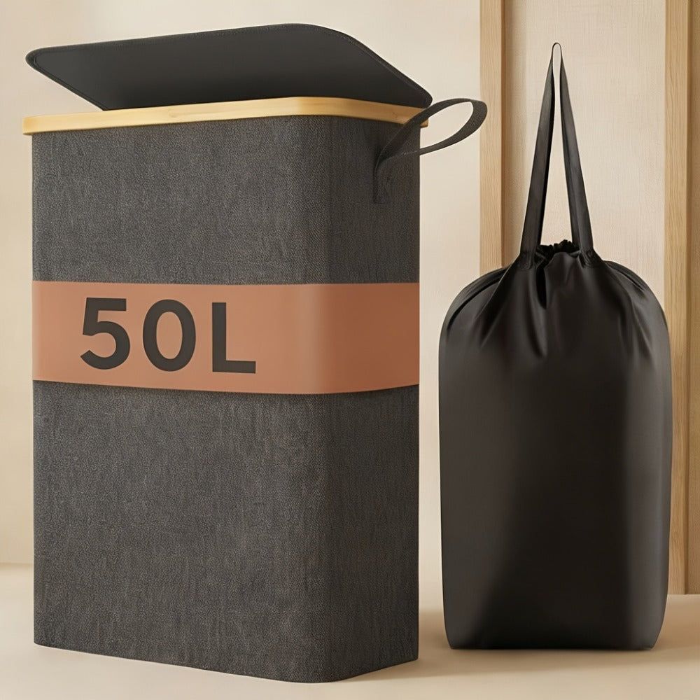 Slim Laundry Hamper with Lid & Removable Bag ¨C Foldable Narrow Clothes Basket with Bamboo Handles for Bathroom, Bedroom & Dorm ¨C 50L / 65L / 75L Space-Saving Collapsible Laundry Bin