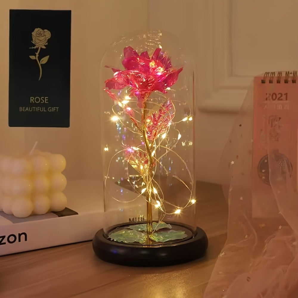 LED Rose Flower in Glass Dome, Eternal Foil Rose with LED Light, Romantic Valentine's Day Gift for Girlfriend, Mother's Day Wedding Bridesmaid Desktop Decoration, Battery Powered