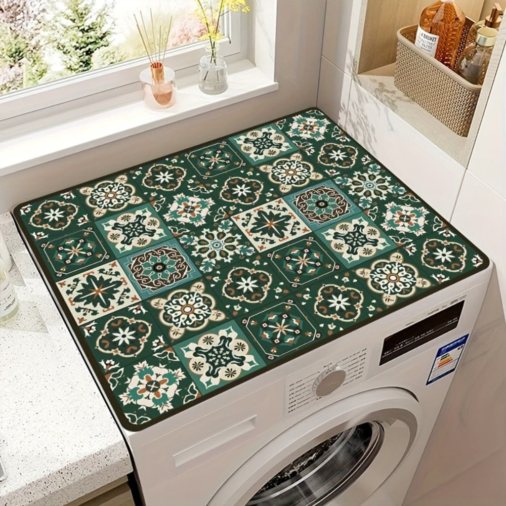 Washing Machine Cover Silicone Waterproof Decorative Plaid, 23.62x19.69 Inch Kitchen Laundry Room Top Load Washer Protector, Food-Grade Vintage Mosaic Multicolor Design Home Organization Appliance Cover