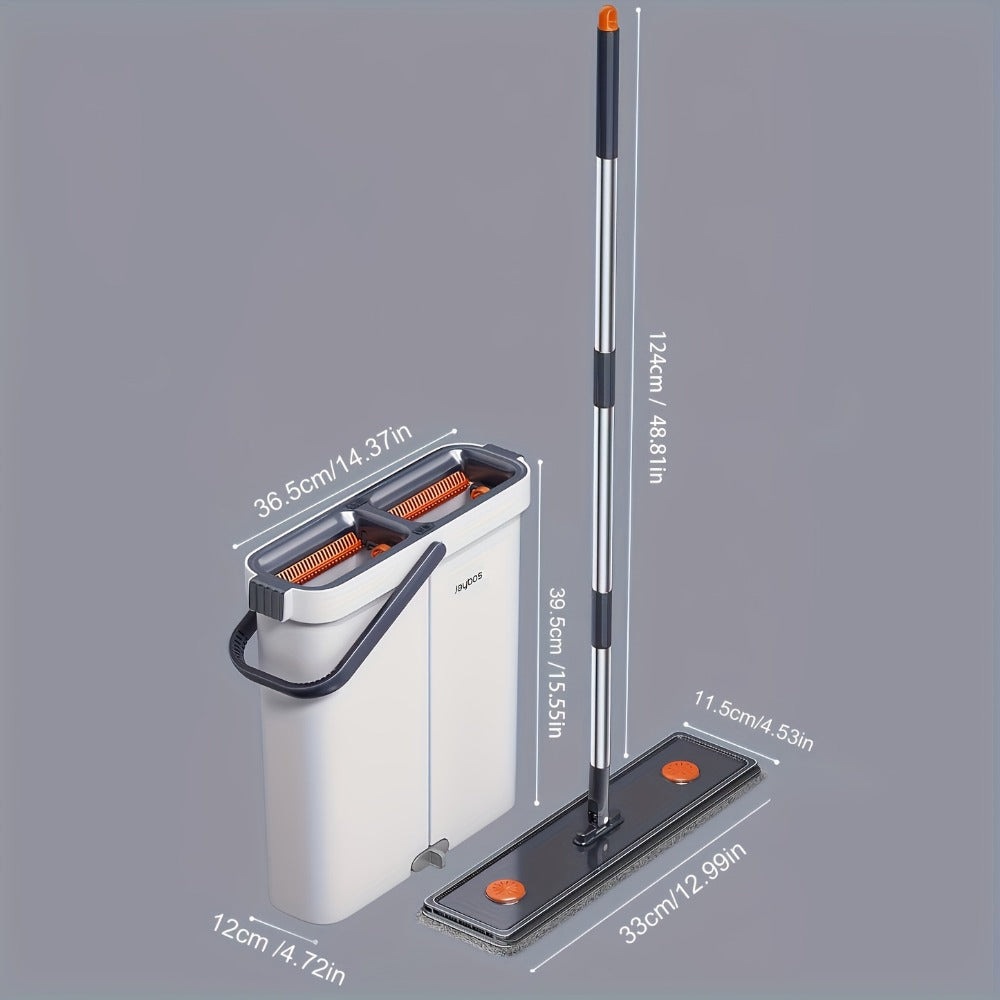 Flat Mop and Bucket System with Washable Reusable Microfiber Pads Dual Bucket Wringer Wet Dry Floor Mop for Hardwood Tile Marble Wall Cleaning Stainless Steel Handle 12.99in or 15.74in Mop Head
