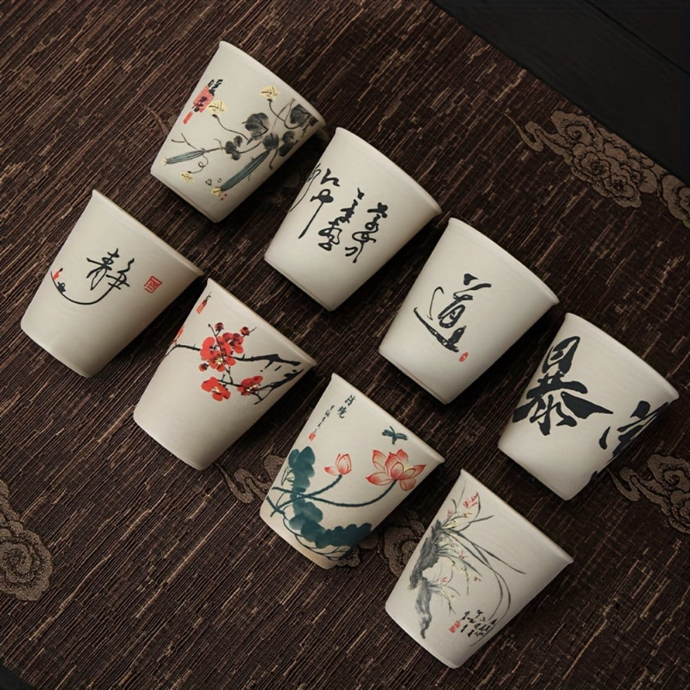8pcs Chinese Ceramic Tea Cup & Saucer Set, Porcelain Kung Fu Tea Set for Tea Lovers, Wedding Favors, Cultural Gifts
