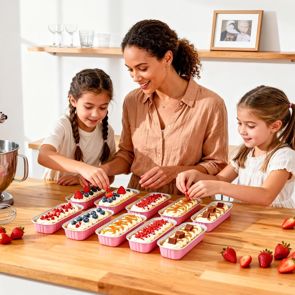 Mini Cake Pans 100 Pack with Lids and Spoons Aluminum Foil Rectangular Disposable Baking Pans 6.8oz for Cheesecake Desserts Gifts Party Catering 6 Colors
