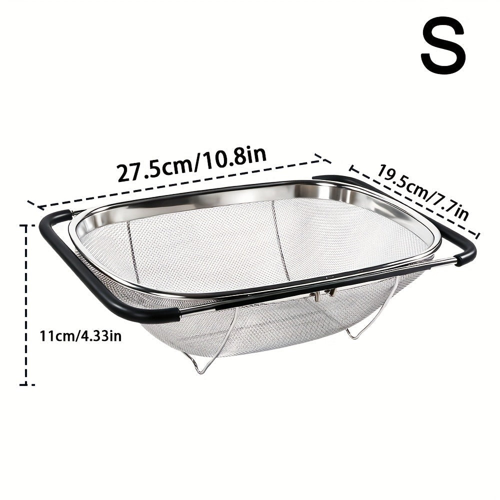 Expandable Sink Colander Stainless Steel ¨C Over the Sink Strainer Basket with Fine Mesh & Rubber Grip, Adjustable Kitchen Drain Strainer for Vegetables, Fruits & Pasta, Small & Large Size