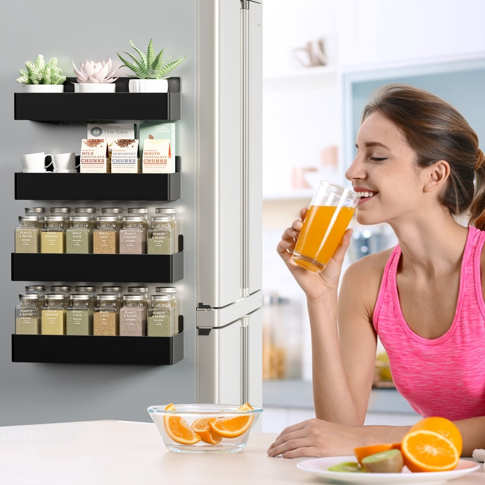 Magnetic Spice Rack Wall Mounted No Drill 6-Piece Set Heavy Duty Magnetic Storage Shelf for Refrigerator Microwave Washer Dishwasher - Kitchen Bathroom Coffee Bar Organizer Black White