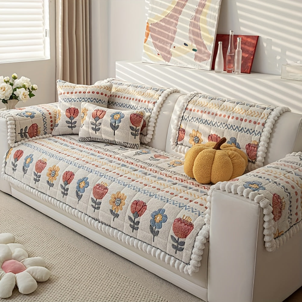 Bohemian Floral Quilted Sofa Cover - Thick Milk Fleece Warm Cozy Couch Protector Machine Washable with Ruffle for 2 3 4 Seater Living Room Decor, White