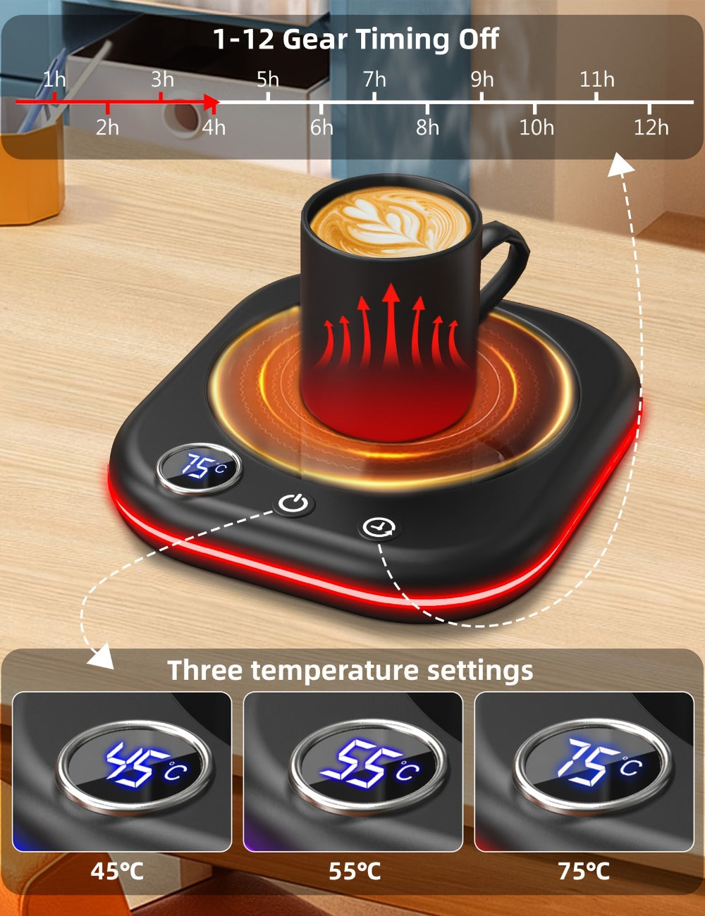 Desktop Coffee Cup Warmer 40W Temperature Display 3 Settings 1-12 Hour Timer 4-Hour Auto Shut-Off Smart Electric Mug Warmer for Coffee Tea Milk Cocoa Water Gift