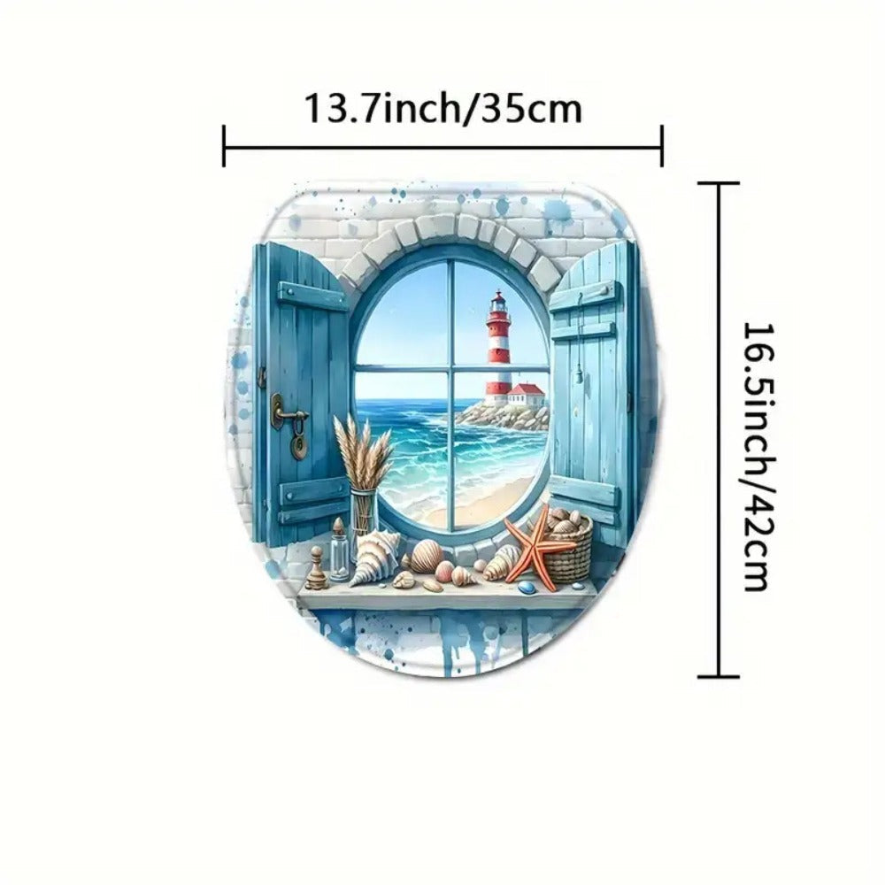 Lighthouse Shower Curtain Set with Ocean View Pattern ¨C Nautical Bathroom Decor with Non-Slip Mat, Toilet Seat Cover & 12 Hooks for Apartment Hotel