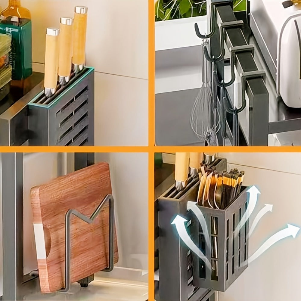 Kitchen Storage Rack Metal Extendable Shelves Microwave Stand Counter Organizer for Spices Bowls Cups Cookware Space Saving Shelf Black