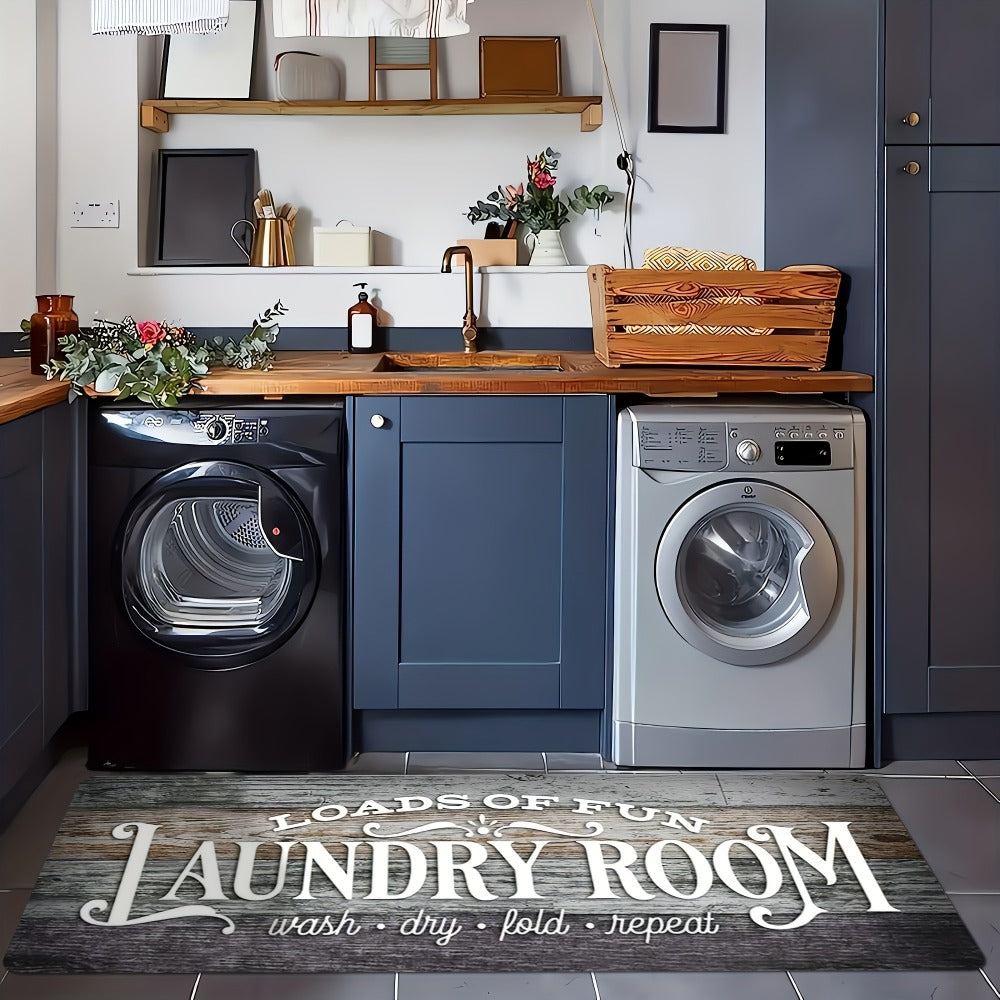 Non-Slip Laundry Room Mat Wood Grain Design - Heavy Duty Washable Rubber Backing Carpet | Rustic Dark Brown & Gray Kitchen Bathroom Rug | Durable Easy Clean Home Floor Mat in 2 Sizes