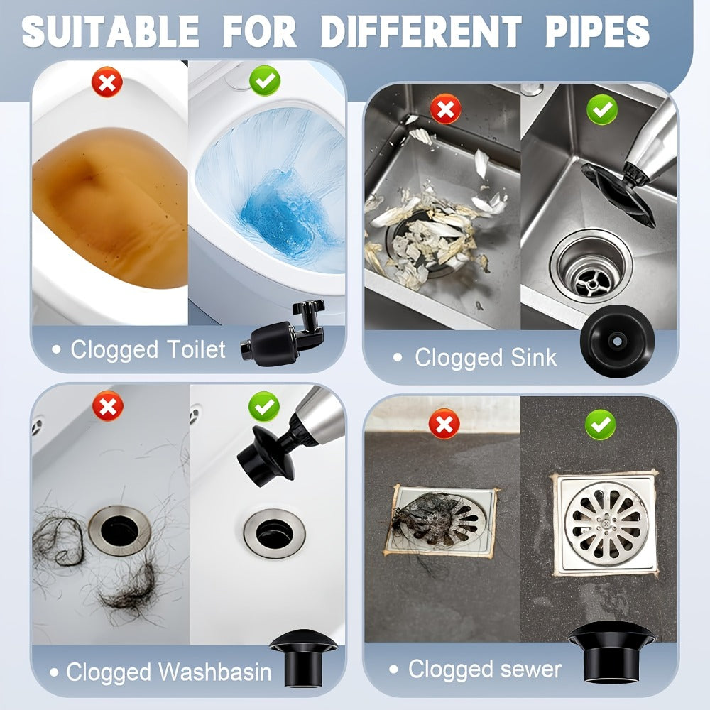Toilet Plunger Set High Pressure Air Drain Unclogger - Stainless Steel Toilet Snake & Air Discharge Impactor for Clogged Toilet, Kitchen Sink, Bathroom Drain & Pipe Blockage Removal