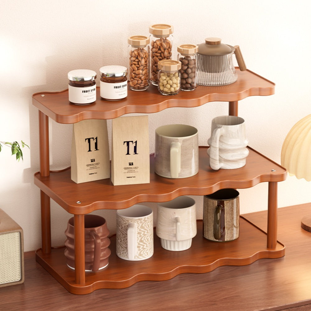 Ladder Cup Holder Rack 2-3 Tier Wave Style | Countertop Organizer for Coffee Mugs Teacups Water Glasses | Kitchen Counter Dining Table Entryway Dessert Display Shelf Brown