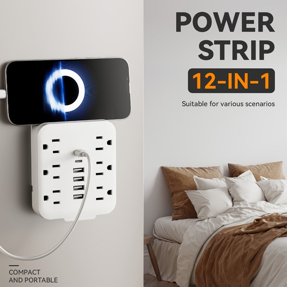 Wall Power Strip 12-in-1 with 6 AC Outlets & 6 USB Ports (2 USB-C) ¨C Compact Space-Saving Plug, 110-130V US Plug for Home & Office ¨C White & Black
