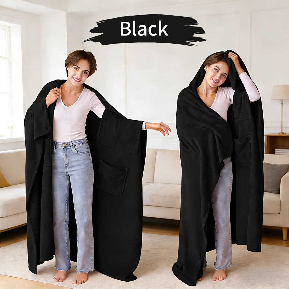 Wearable Blanket Shawl with Inner Pocket - Soft Flannel One-Piece Wrap for Adults Women Men, Cozy Sofa Travel Blanket Machine Washable, Grey Dark Blue Black