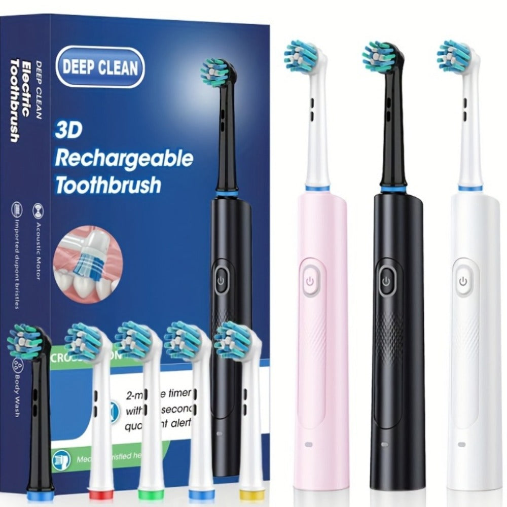Electric Toothbrush with Smart Timer ¨C Sonic Whitening, 3D Round Soft Bristle Head, IPX67 Waterproof, USB Rechargeable, 4 or 8 Brush Heads, Black White Pink for Adults, Couples & Families