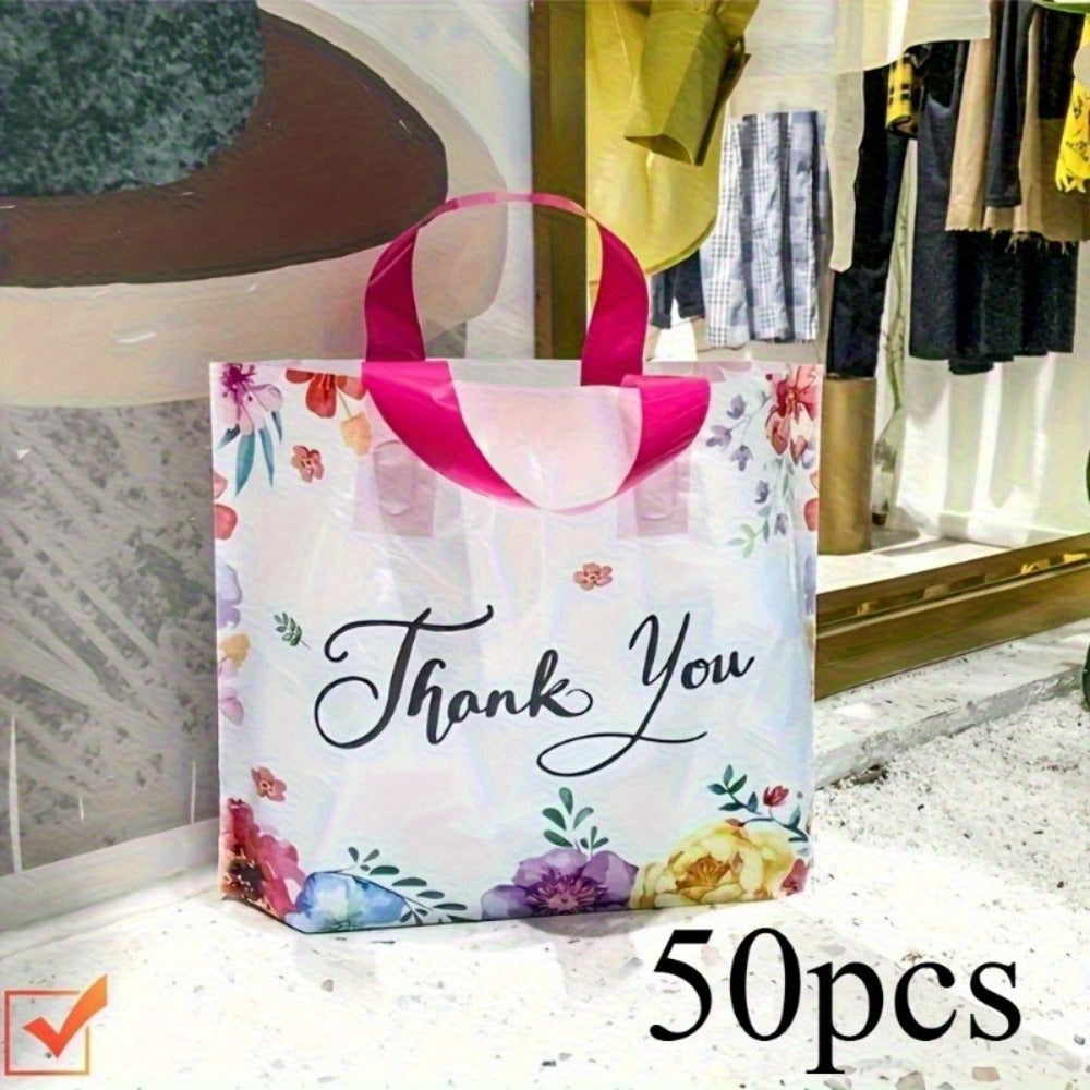 Thank You Gift Bags 50pcs Plastic Flower Print Handle Bags Reusable Shopping Tote for Party Birthday Wedding Halloween Christmas