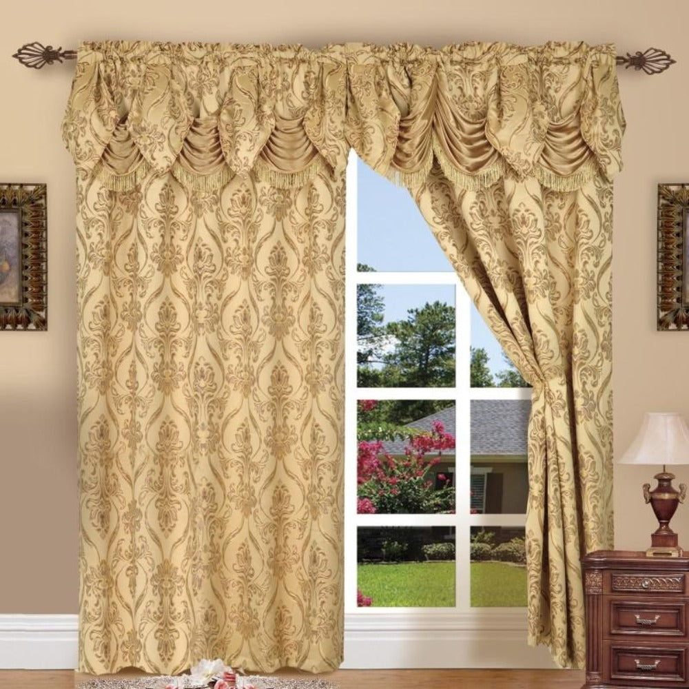Jacquard Curtain Panels 2-Piece Set 54x84 Inch with Attached Waterfall Valance - Rod Pocket Room Darkening Luxury Window Curtains, Machine Washable, 9 Colors for Living Room Bedroom & Home Office