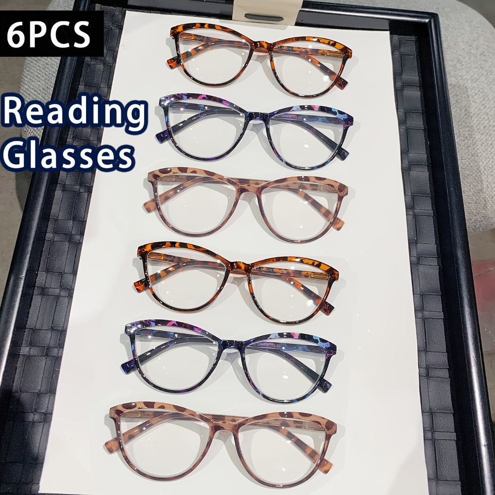 Reading Glasses for Women 6 Pack Cat Eye Anti Blue Light ¨C Flower Wrapped Design, Spring Hinges, Lightweight Anti-Glare Frames in Various Colors for Computer Reading, Parties, Travel and Gifts