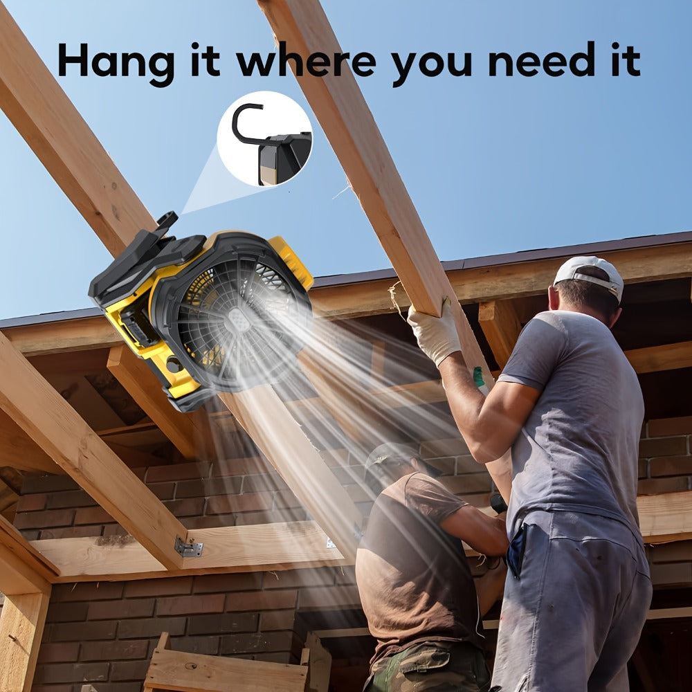 Cordless Jobsite Fan Compatible with DeWalt 20V Max Battery, LED Light Auto Oscillating 180¡ã Tilt Adjustable Speed, Portable Battery Powered Fan with Hanging Hook for Camping, Garage and RV