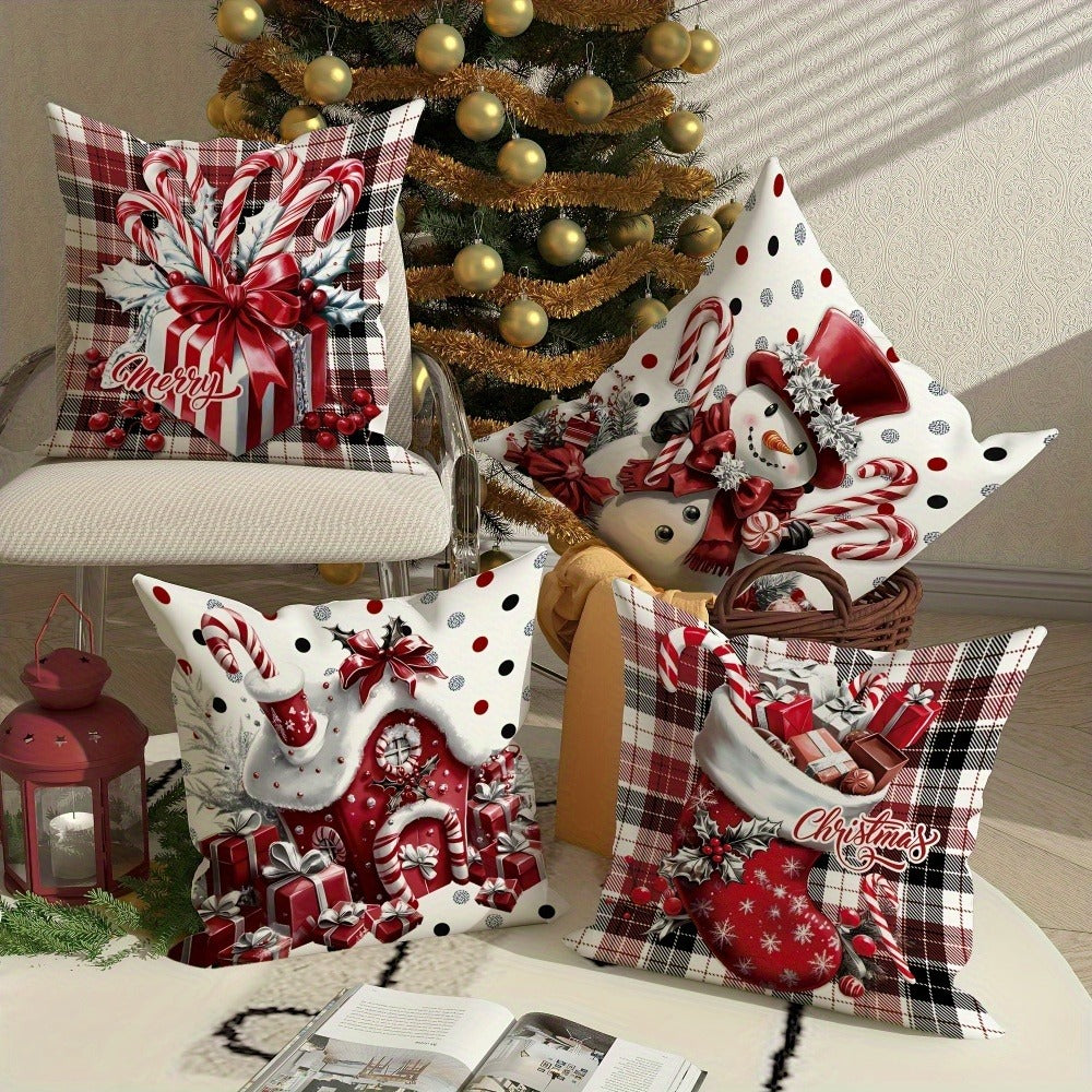 Christmas Throw Pillow Covers 4pcs Set - Snowman Candy Cane Buffalo Plaid Polyester 18x18in Decorative Cushion Covers with Zipper for Holiday Winter Living Room Bedroom Sofa Bed Decor