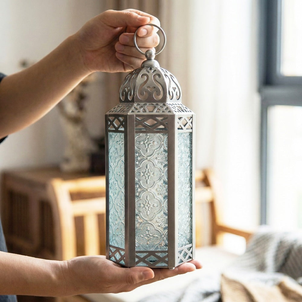 Moroccan Candle Lantern Holder - Decorative Metal & Glass Lantern with Embossed Floral Design for Indoor Home Decor, Garden, Patio, Weddings, Ramadan, Halloween & Holiday Celebrations - 10.5¡± Tall Medium Size