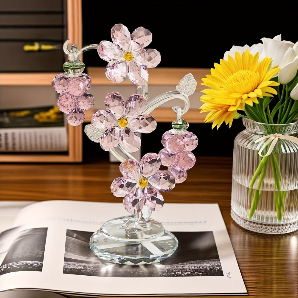 Pink Crystal Tree Statue Ornament - Romantic Crystal Flower Sculpture with Rotatable Base | Elegant Home Decor Gift for Valentine's Day, Wedding, Christmas & Mother's Day | Luxury Crystal Tree Decor