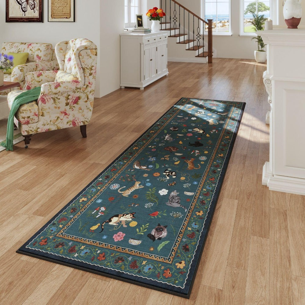 Boho Cat Floral Area Rug ¨C Vintage Blue Animal Print Low Pile Carpet, Non-Slip Soft Rug for Living Room, Bedroom & Dining Room, Round & Runner Sizes, Easy Clean
