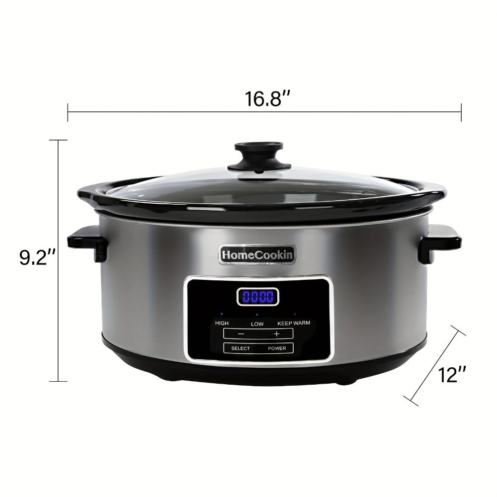 Slow Cooker 7.5 Quart Digital Programmable with Timer Ceramic Pot Stainless Steel Housing 3 Heat Settings Low High Keep Warm Large Capacity for Family Dinners Holiday Feasts Serves 10 Plus People