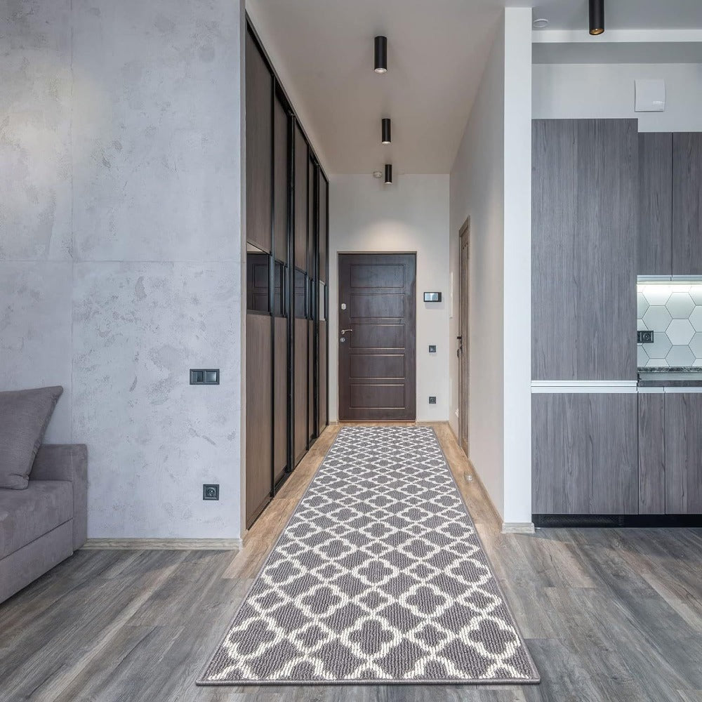 Runner Rug Moroccan Trellis Non-Slip ¨C Machine Washable Hallway Carpet for Entryway, Kitchen & Bathroom ¨C 100% Polypropylene Long Floor Rug, Black & Gray, 2x6, 2x8, 2x10 Ft