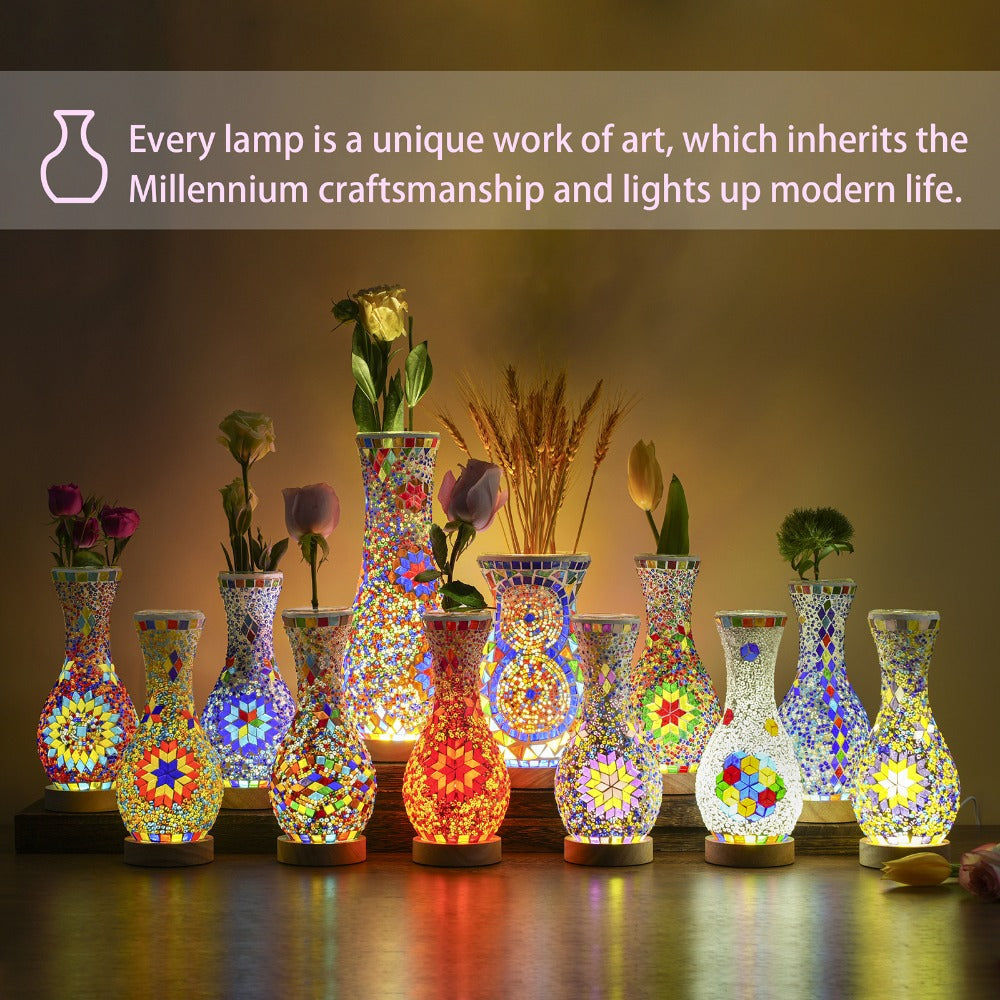 Mosaic Vase Lamp Turkish Moroccan Handmade Colorful Glass Table Lamp with Wooden Base ¨C USB Plug-In Boho Night Light, Flower Vase Lamp for Bedroom Living Room Decor, Bohemian Mosaic Desk Lamp Gift