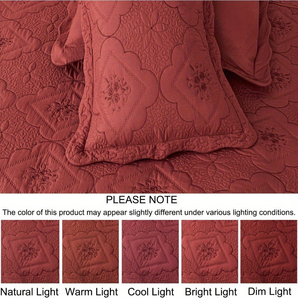 Quilt Set 3 Piece Floral Embroidery Bedspread - 100% Polyester Wrinkle Resistant Lightweight Quilted Coverlet with 2 Pillow Shams for Full Queen King Bed, Elegant Bedroom Decor in 19 Colors
