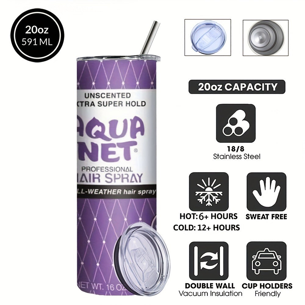80s Retro Insulated Tumbler 20oz Stainless Steel - Vintage Nostalgia Travel Mug with Lid & Straw Purple Blue Graphic Gift for 80s Lovers Cosmetologists Mom Christmas