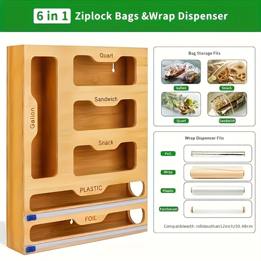 Bamboo Ziplock Bag Organizer Box for Kitchen Drawer - Adjustable Dividers, Compatible with Gallon Quart Sandwich Snack Bags, Space-Saving Fresh-Keeping Storage, Easy to Clean, Durable