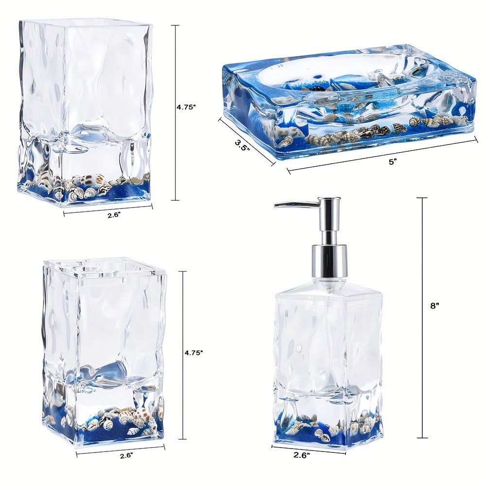Bathroom Accessory Set 4-Piece 3D Floating Motion Acrylic Liquid Vanity Kit - Tumbler, Toothbrush Holder, Soap Dispenser & Soap Dish, Handcrafted Shell & Leaf Decor, Ocean Dolphin Conch Leaf Styles