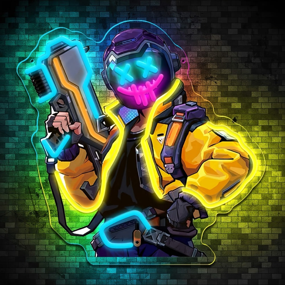 Neon Marksman LED Wall Art - UV Printed USB Powered Sniper Shooter Neon Sign for Game Room, Bar, Man Cave & Bedroom Wall Decor (Colorful / Yellow Sharpshooter)