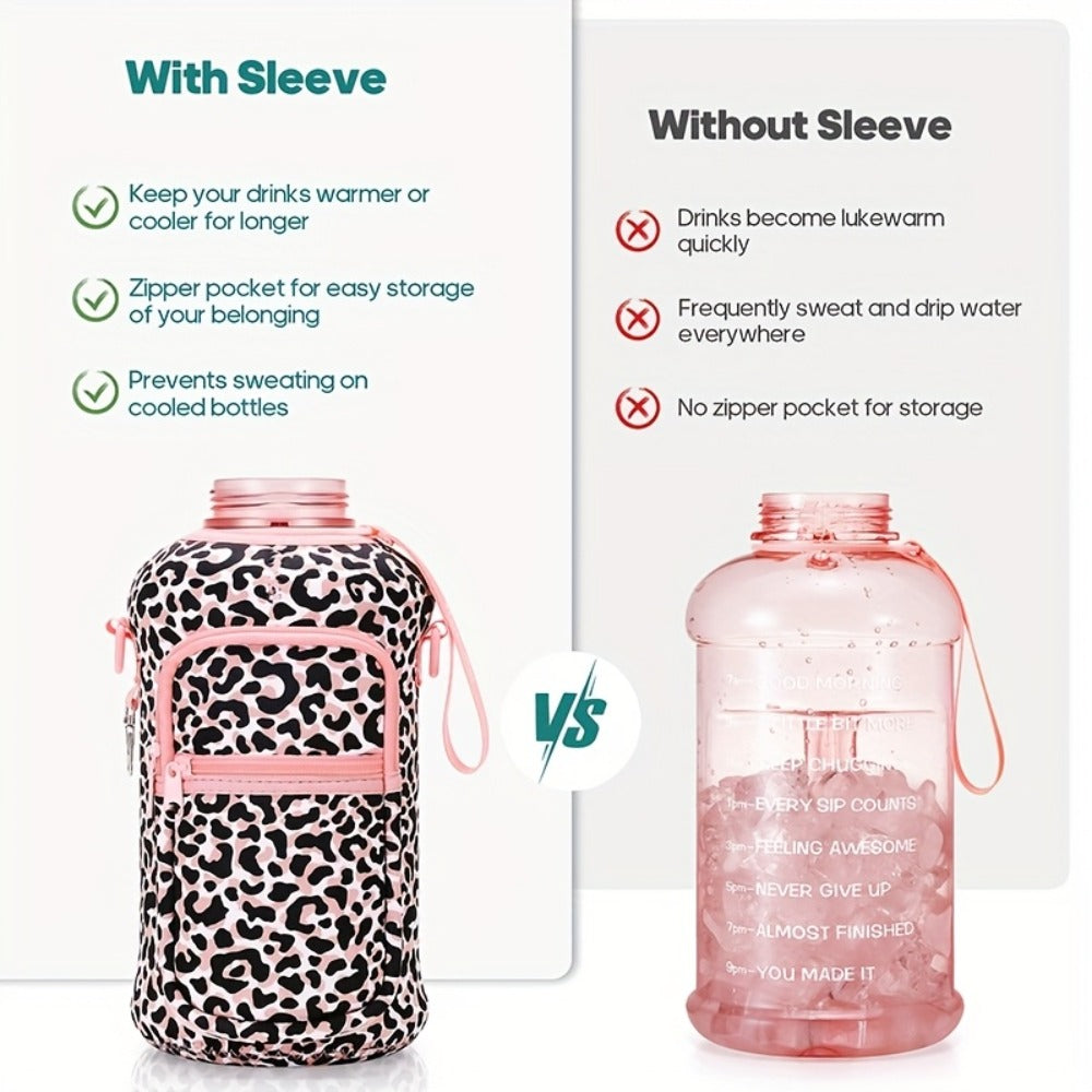 Half Gallon Water Bottle 74oz with Storage Sleeve & 2 Lids - Large Sports Water Jug for Gym, BPA-Free, Straw & Chug Lid, Time Marker, Shoulder Strap & Handle, Motivational Hydration Bottle