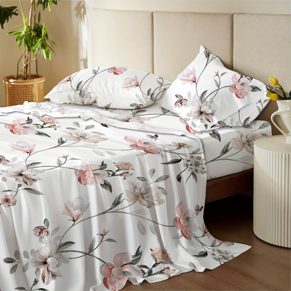 Bed Sheets Set 4pcs Deep Pocket Fitted Sheet & Pillow Cases | Soft Floral Bedding Twin Full Queen King ¨C White Pink Green