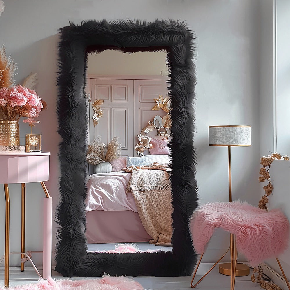 Full Length Mirror with Faux Fur Frame 24x63 Inch Leaning Floor Mirror for Bedroom Living Room Hallway Vanity Dressing Mirror Pink Gray White
