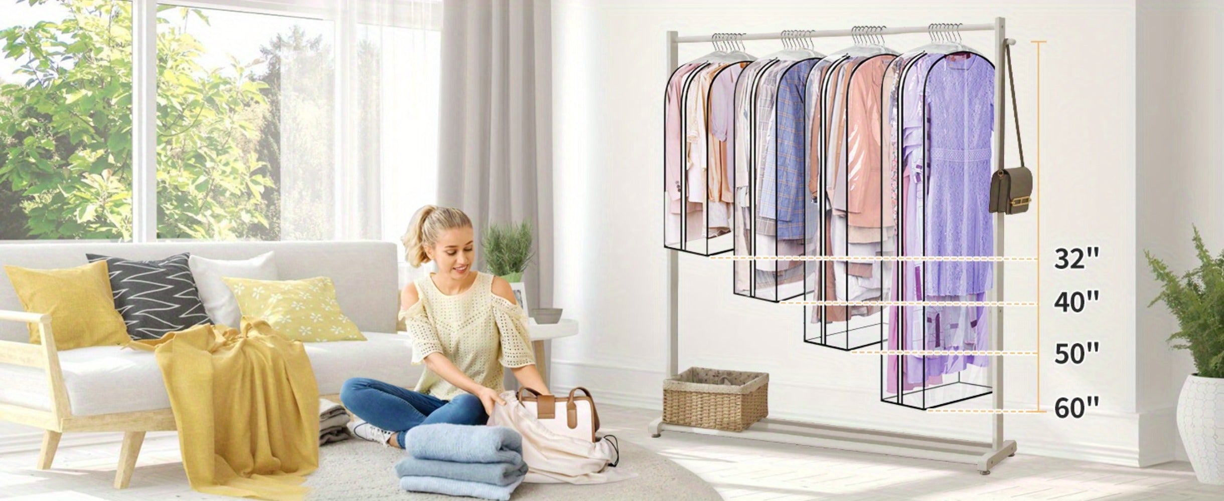 Garment Bags for Hanging Clothes, 3-Pack Transparent Suit Bags with Zipper, Heavy Duty EVA Coat Covers for Wardrobe Closet Storage, Fits 32 40 50 60 Inch Dresses Shirts Coats
