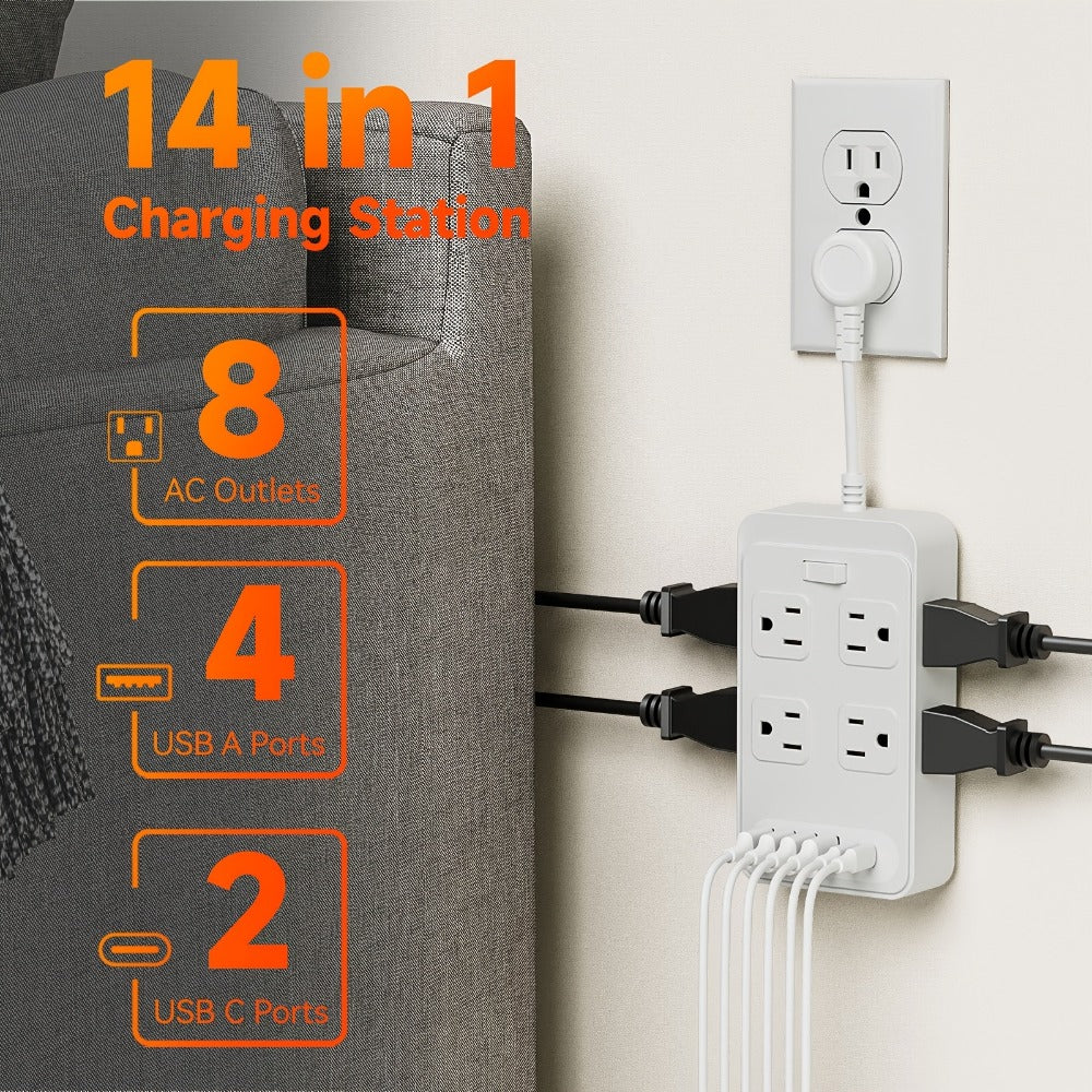 Power Strip Outlet Extender Surge Protector 8 AC Outlets 6 USB Charging Ports 4 USB-A 2 USB-C 3 Inch Short Cord Desk Charging Station for Home Dorm Office Travel White Black
