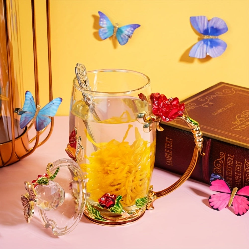 Flower Glass Tea Cups with Lids and Spoon 4 Sets Butterfly Vintage Floral Clear Glass Coffee Mugs 12oz Gift for Women Mom Wife Girlfriend Mother's Day Pink Purple Blue Red
