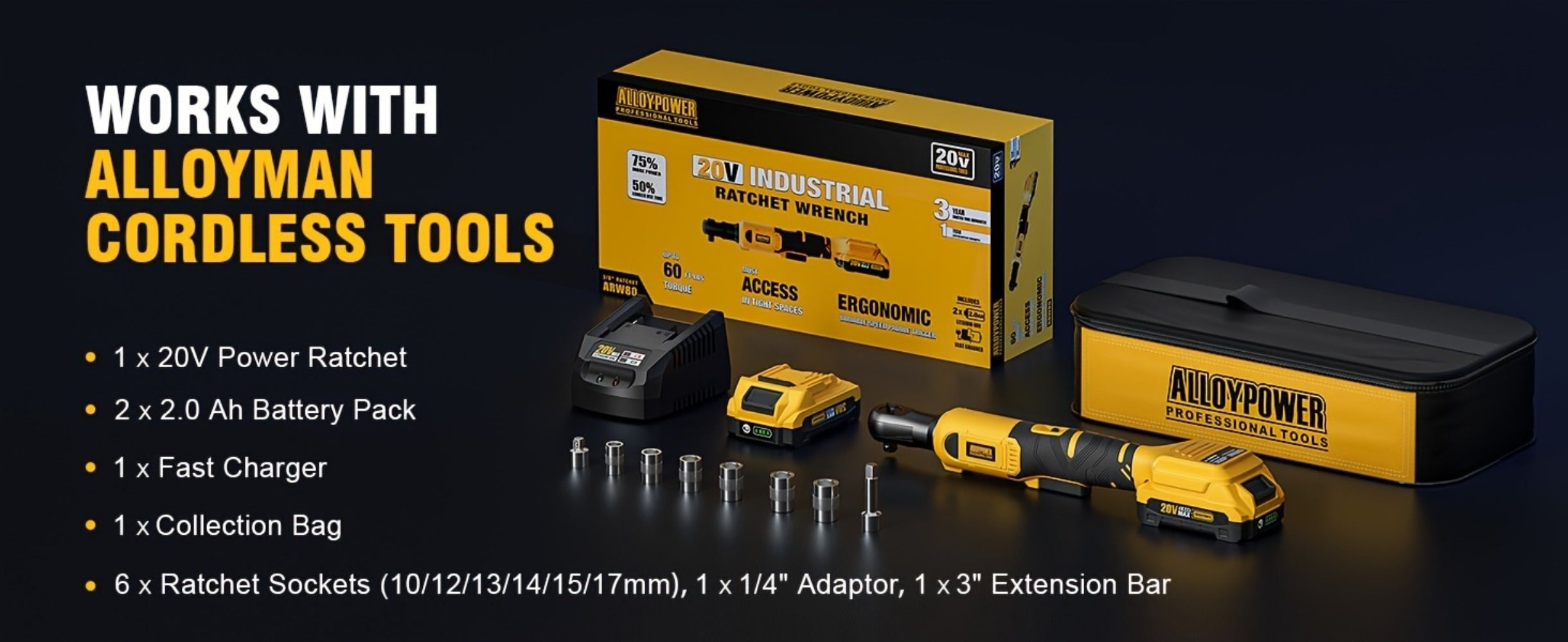 Cordless Ratchet Wrench Set 3/8 Inch 60FT-LBS 80Nm Electric Ratchet 2x20V Rechargeable Variable Speed LED Light 6 Sockets 1/4 Adapter 3 Inch Extension Rod Yellow
