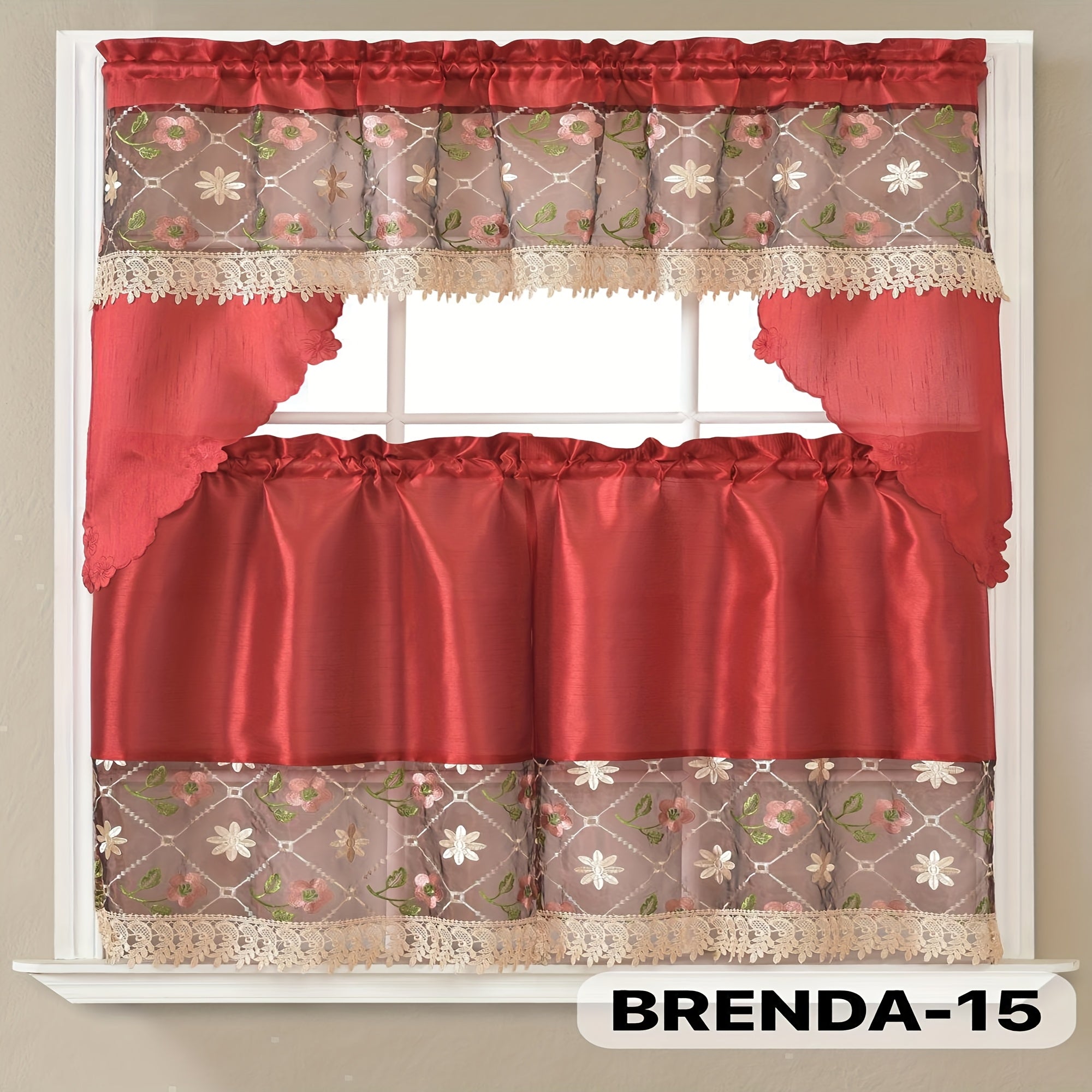Kitchen Curtains 3 Piece Set Embroidered Satin Valance and Tiers - Rod Pocket Light Filtering Machine Washable 46 Colors Available All Season Home Decor