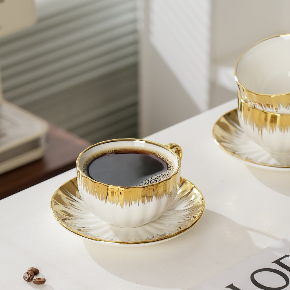 European Ceramic Coffee Cup and Saucer Set of 6 ¨C Light Luxury 8.45oz Porcelain Tea Cups with Plates | Elegant Floral Dinnerware for Wedding Mother's Day Holiday Gift