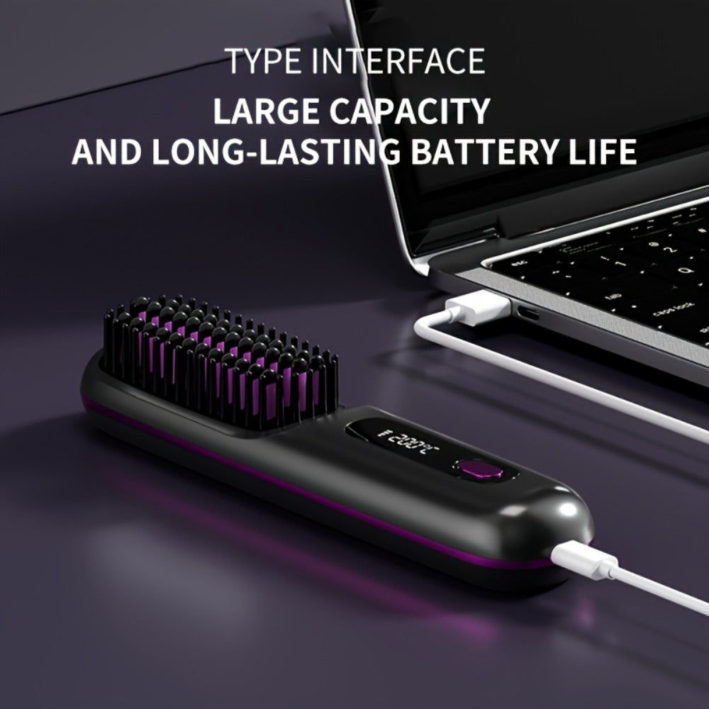 Portable Wireless Hair Straightener Comb USB Rechargeable 3-Speed Temp Control Negative Ion LED Display Lightweight for Travel
