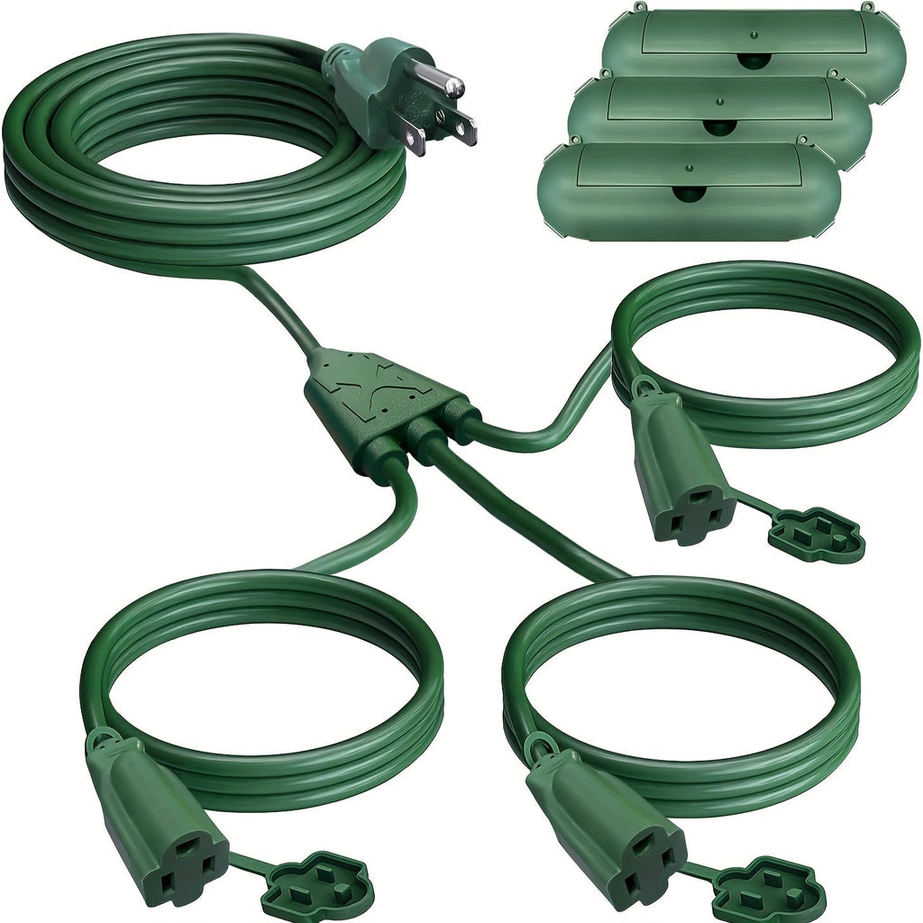 Extension Cord Splitter 1 to 3 Outlets 25FT 50FT 16/3 SJTW Pure Copper Core UV-Resistant PVC Jacket 3 Grounded Outlets for Holiday Decoration Christmas Lights Outdoor Indoor Patio Garden Black Green