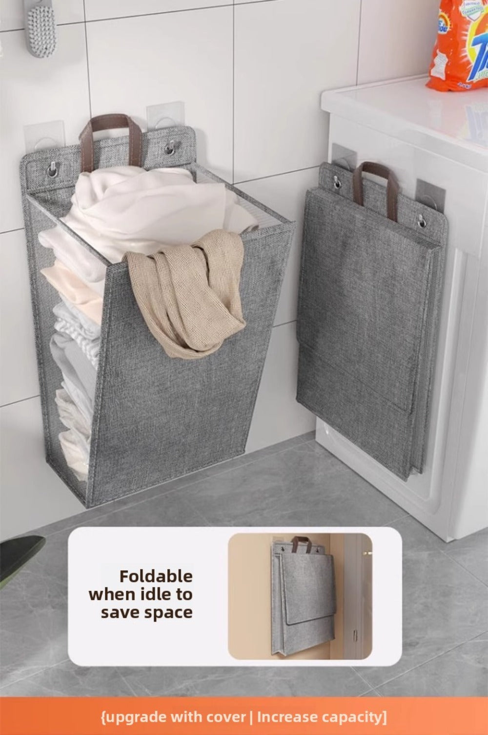 Wall Mounted Laundry Hamper Foldable Oxford Cloth with Lid | Space Saving Clothes Storage Basket for Bedroom Bathroom Living Room | Large 22x15 Inch Multi-Purpose Organizer Gray
