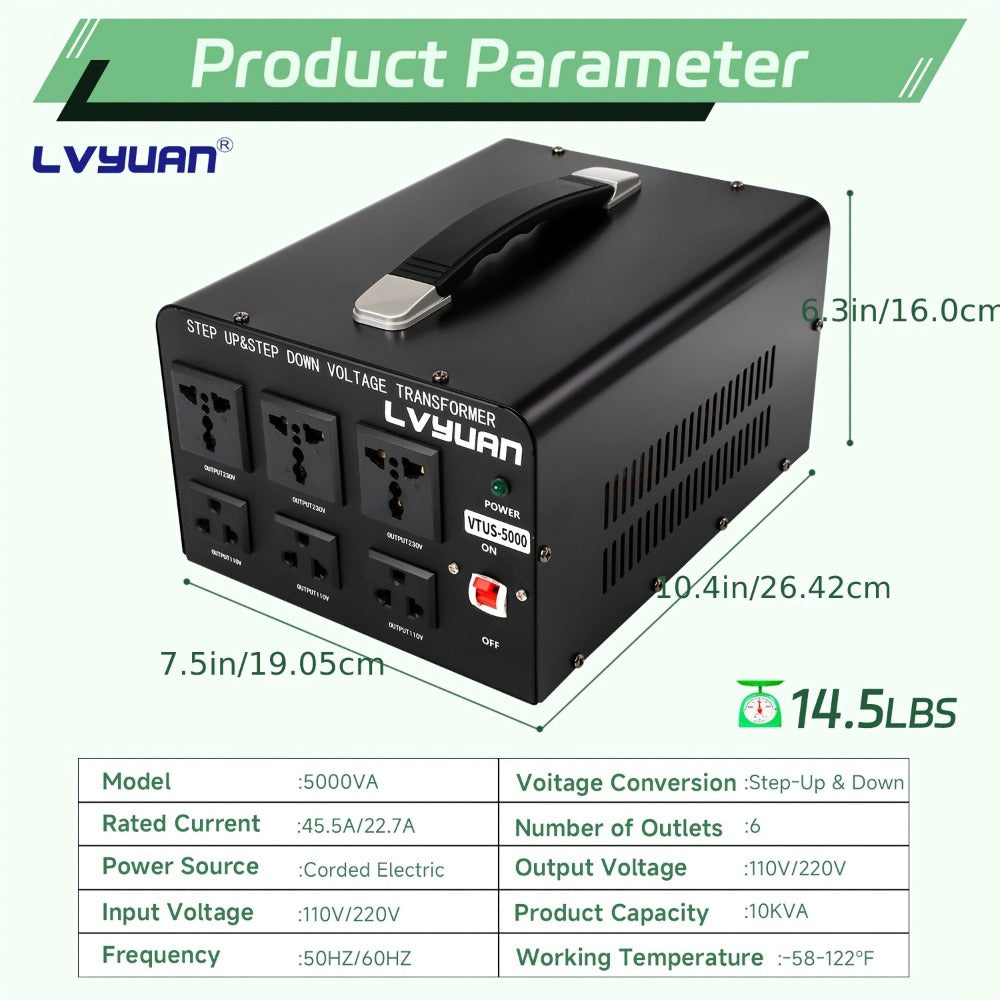 Heavy-Duty Voltage Converter Transformer 800W Continuous 5000W Peak - Step Up Step Down 110V to 220V, Aluminum Alloy Housing, Overload Indicator, Safety Protection, Black & White Options