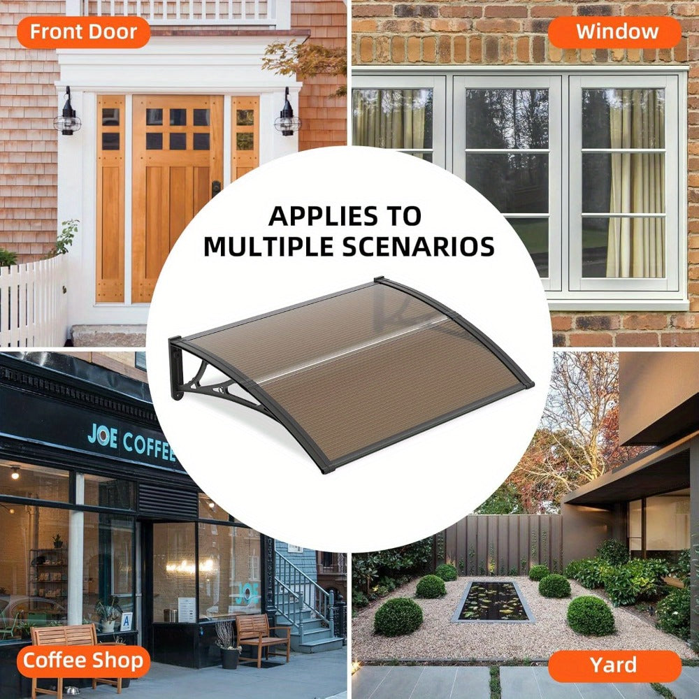 Polycarbonate Window Awning Door Canopy - UV Rain Snow Sun Protection Overhang for Doorways, Patio & Windows, Multiple Sizes, Black/Gray Bracket with Blue/Clear/Brown Board