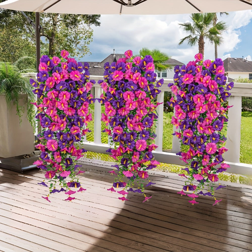 Artificial Flowers Outdoor UV Resistant 4 Bundles Hanging Morning Glory Fake Flowers for Porch Window Box Garden Home Decor Thanksgiving Christmas
